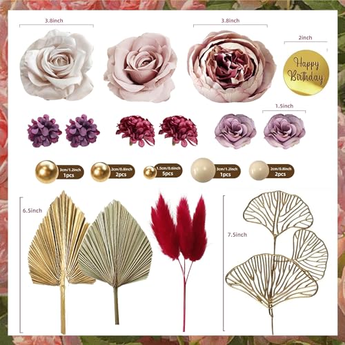29-Piece Boho Cake Topper Set with Palm Leaves, Burgundy Red Flowers, and Balls for Bohemian Weddings, Baby Showers, Birthday Parties