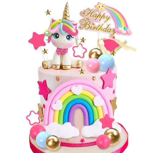 29-Piece Unicorn Cake Topper Set with Rainbow, Stars, and Happy Birthday Decor - DRWATE