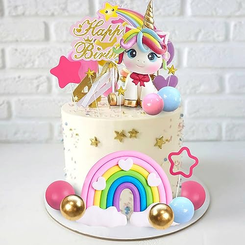 29-Piece Unicorn Cake Topper Set with Rainbow, Stars, and Happy Birthday Decor - DRWATE