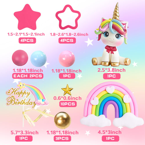 29-Piece Unicorn Cake Topper Set with Rainbow, Stars, and Happy Birthday Decor - DRWATE