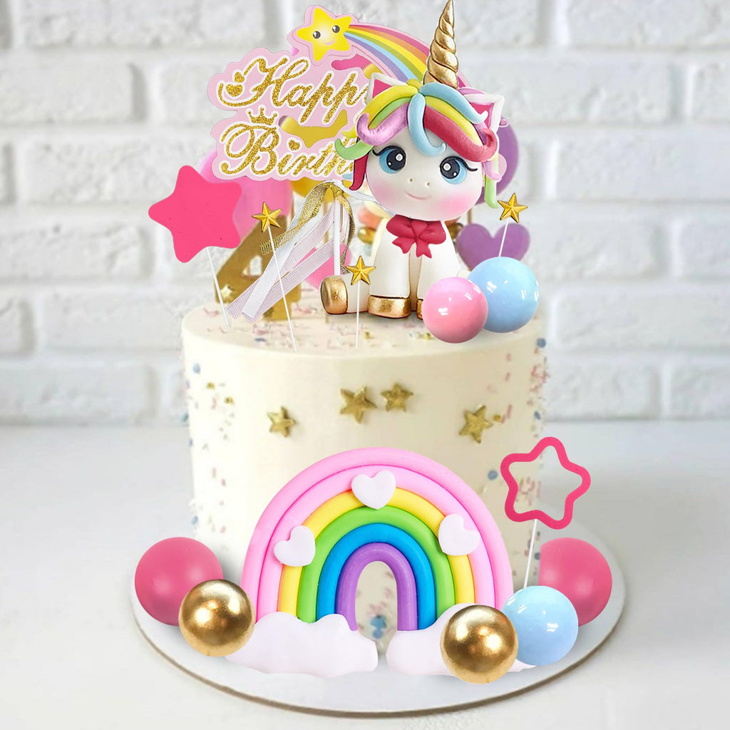 29-Piece Unicorn Cake Topper Set with Rainbow, Stars, and Happy Birthday Decor - DRWATE