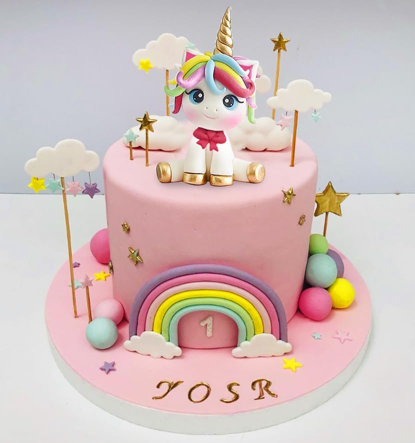 29-Piece Unicorn Cake Topper Set with Rainbow, Stars, and Happy Birthday Decor - DRWATE