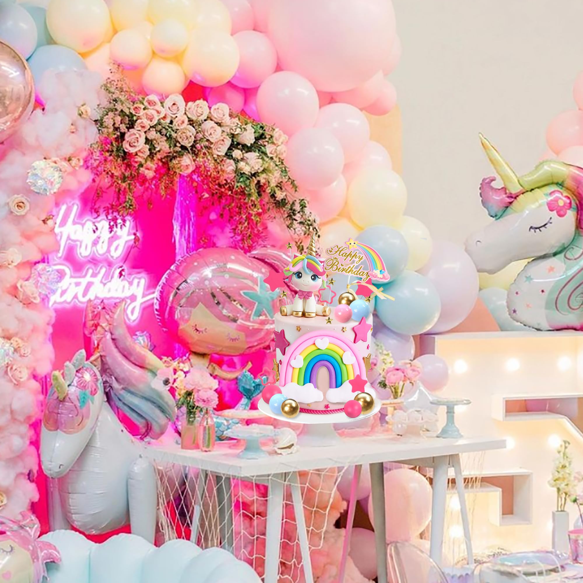 29-Piece Unicorn Cake Topper Set with Rainbow, Stars, and Happy Birthday Decor - DRWATE