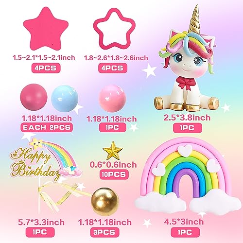 29-Piece Unicorn Cake Topper Set with Rainbow, Stars, and Happy Birthday Decor - DRWATE