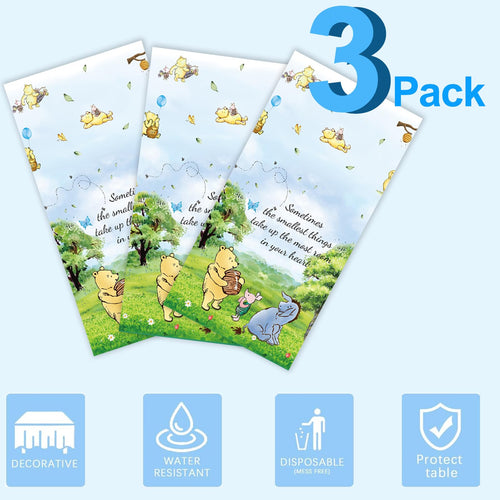 3 Blue Winnie Tablecloths for Baby Shower – Plastic Disposable, 54x108 Inches – Set of 3