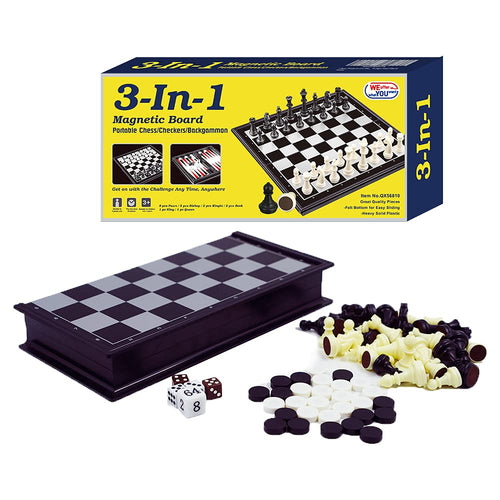 3-in-1 Magnetic Chess Set Travel Board Game – Checkers & Backgammon, Folding 10" Board