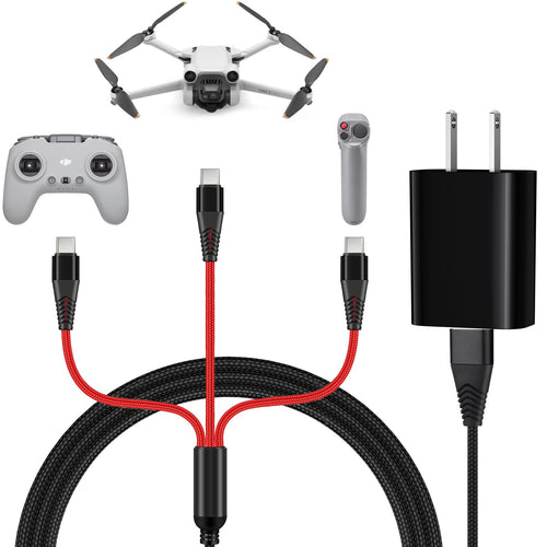 3-in-1 USB-C Fast Charging Cable with 18W Wall Adapter for DJI Drones (Neo, Mini, Air, Mavic) - 4ft Braided