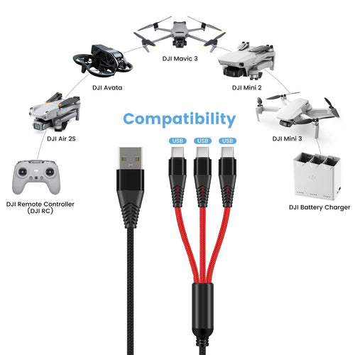 3-in-1 USB-C Fast Charging Cable with 18W Wall Adapter for DJI Drones (Neo, Mini, Air, Mavic) - 4ft Braided