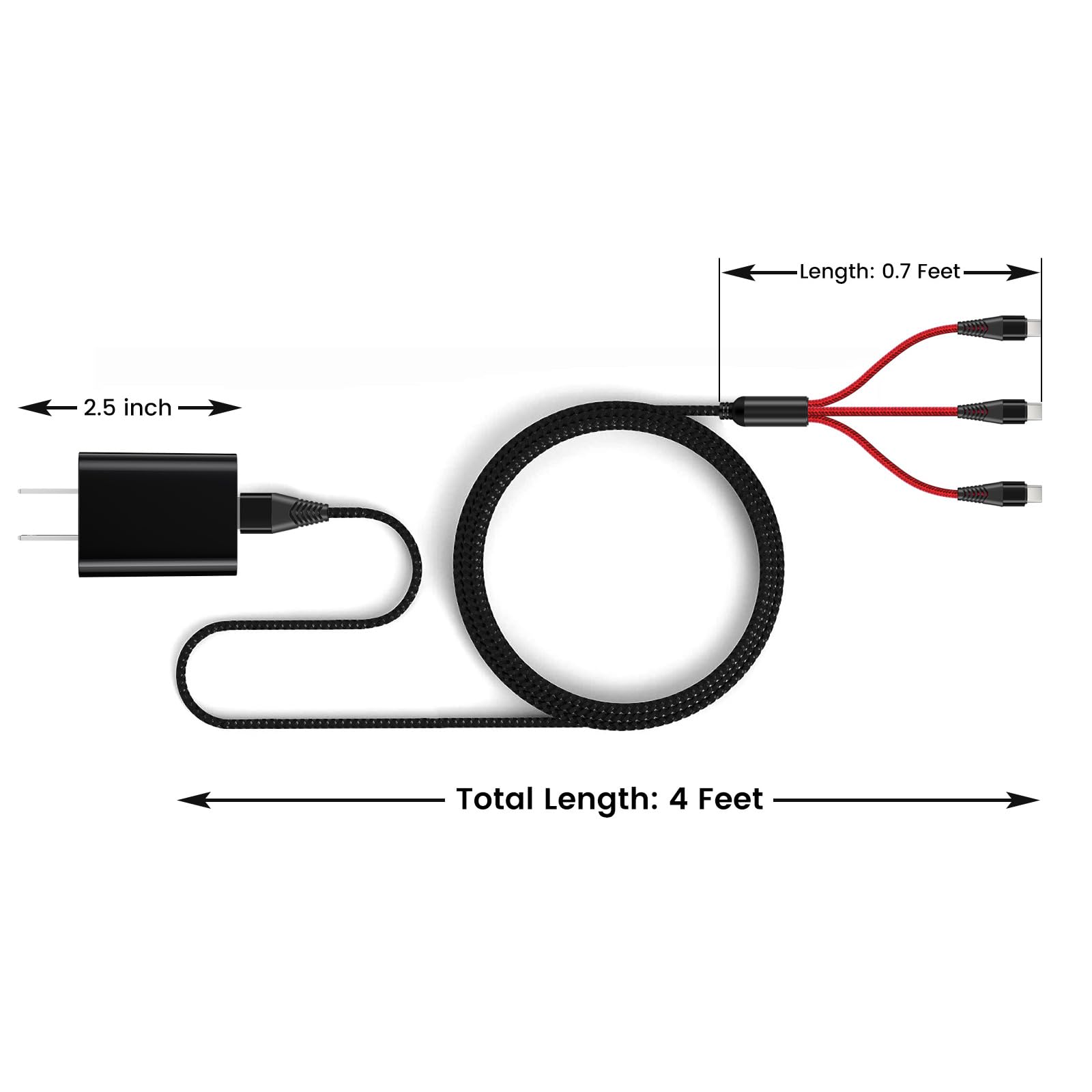 3-in-1 USB-C Fast Charging Cable with 18W Wall Adapter for DJI Drones (Neo, Mini, Air, Mavic) - 4ft Braided