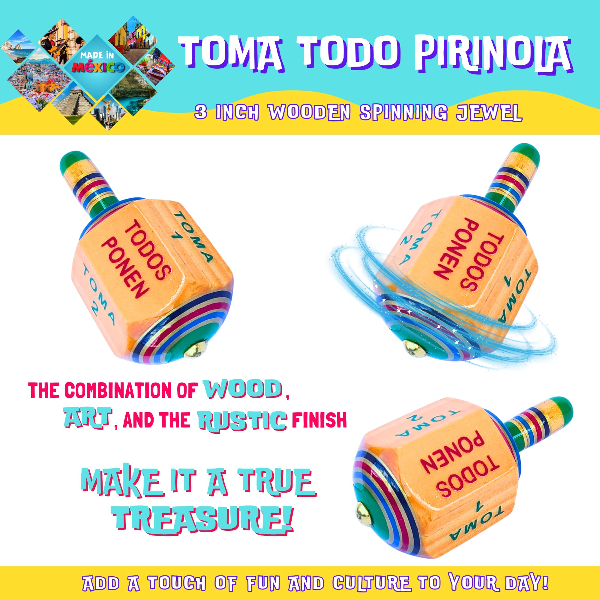 3-Inch Wooden Toma Todo Pirinola – Traditional Mexican Spinning Top Game