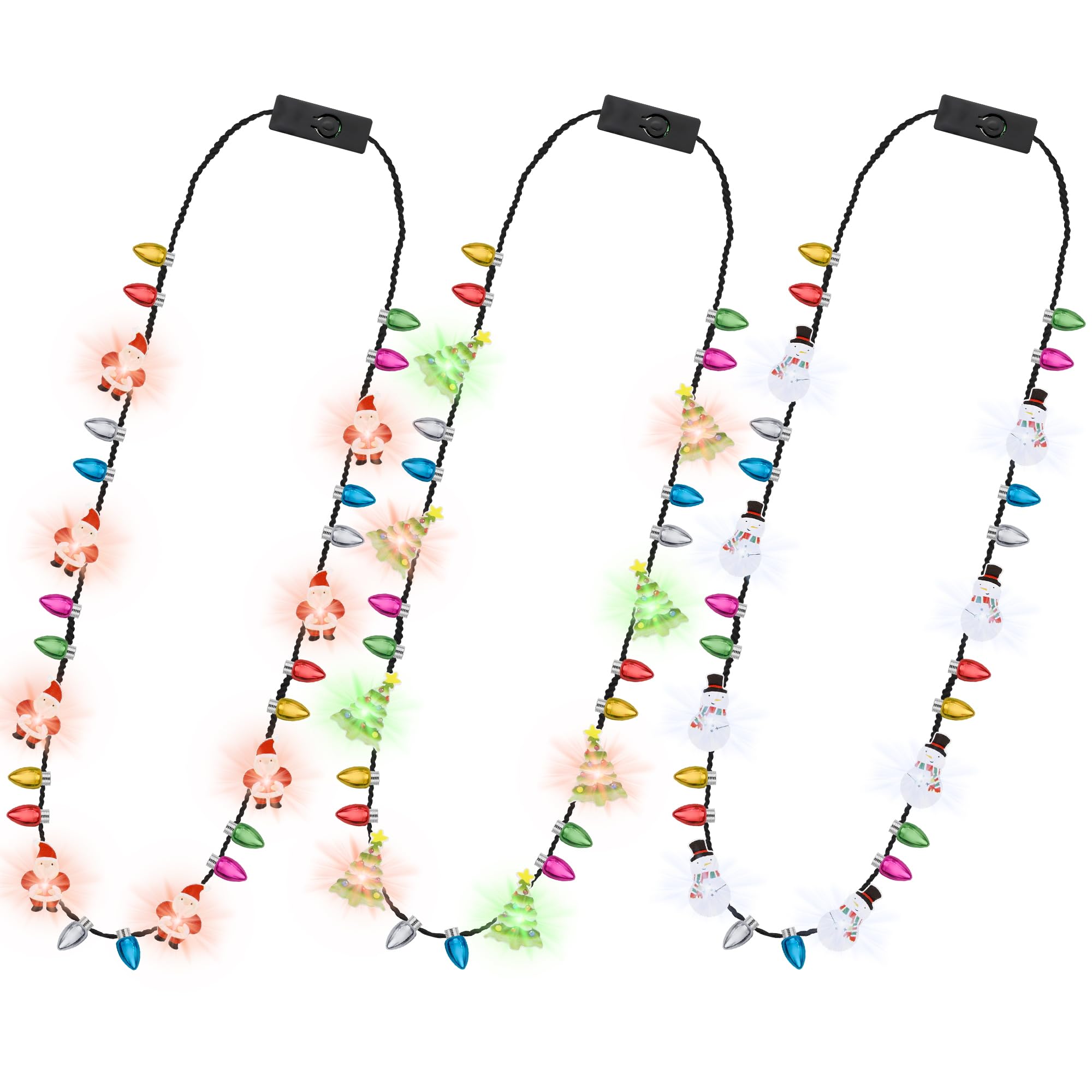 3 Light-Up Christmas Necklaces with 3 Glow Modes – Santa, Snowman & Tree Designs