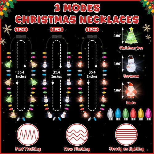 3 Light-Up Christmas Necklaces with 3 Glow Modes – Santa, Snowman & Tree Designs