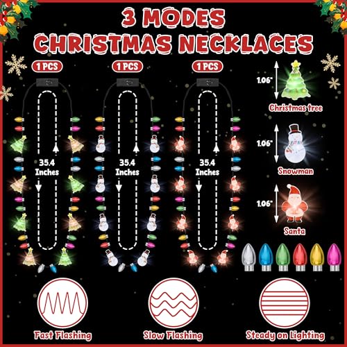 3 Light-Up Christmas Necklaces with 3 Glow Modes – Santa, Snowman & Tree Designs