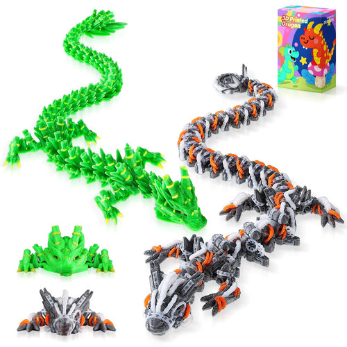 3-Pack 12-Inch 3D Printed Articulated Dragon Desk Toy - Fidget Toy for Stress Relief (Steampunk Bamboo Design)