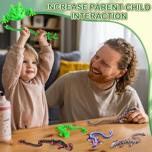 3-Pack 12-Inch 3D Printed Articulated Dragon Desk Toy - Fidget Toy for Stress Relief (Steampunk Bamboo Design)