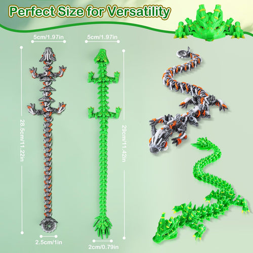 3-Pack 12-Inch 3D Printed Articulated Dragon Desk Toy - Fidget Toy for Stress Relief (Steampunk Bamboo Design)