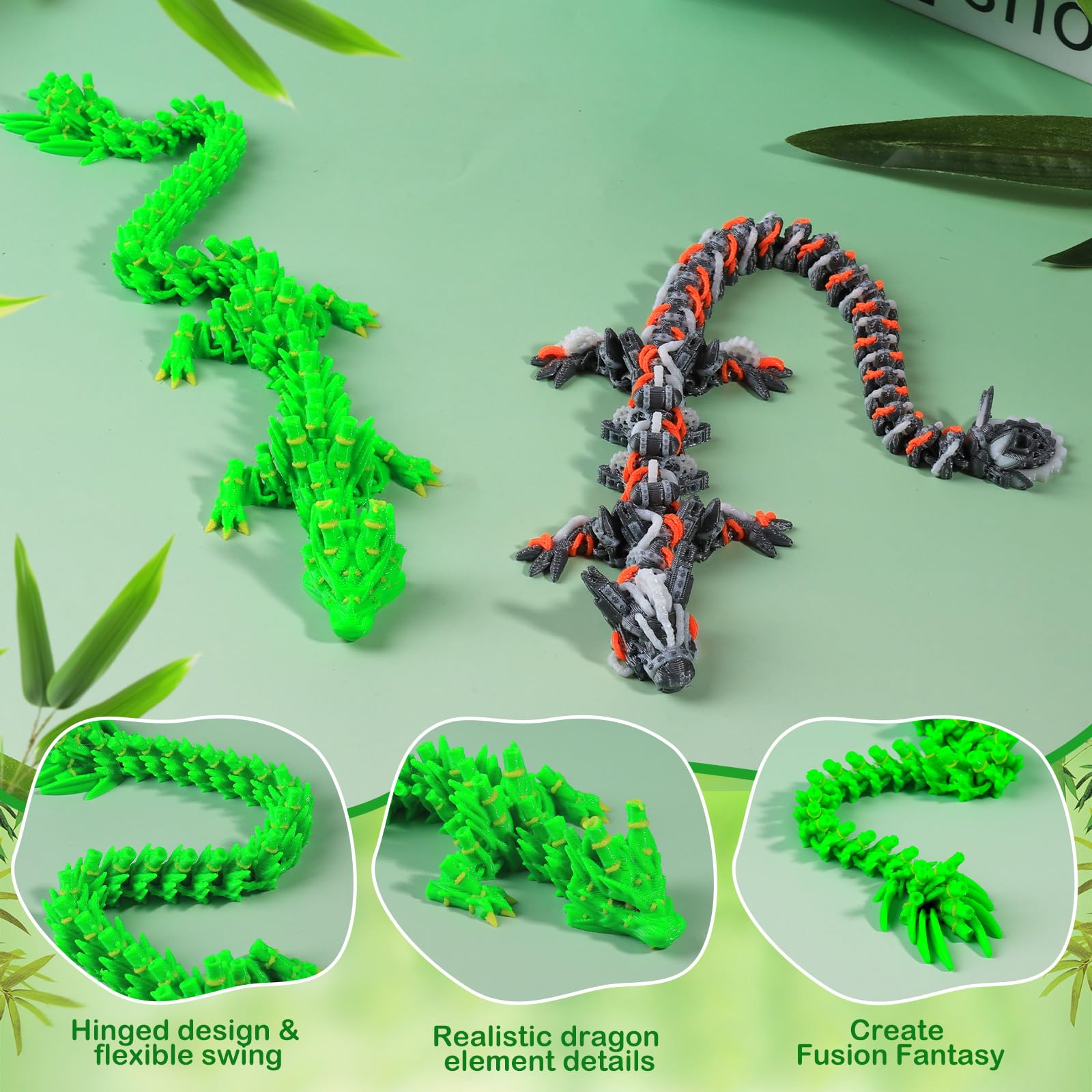3-Pack 12-Inch 3D Printed Articulated Dragon Desk Toy - Fidget Toy for Stress Relief (Steampunk Bamboo Design)