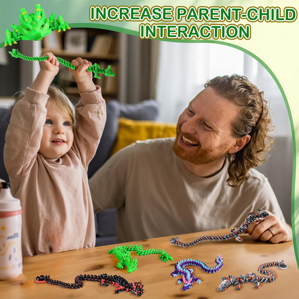 3-Pack 12-Inch 3D Printed Articulated Dragon Desk Toy - Fidget Toy for Stress Relief (Steampunk Bamboo Design)