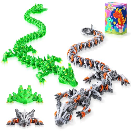 3-Pack 12-Inch 3D Printed Articulated Dragon Desk Toy - Fidget Toy for Stress Relief (Steampunk Bamboo Design)