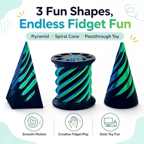 3-Pack 3D Printed Fidget Toys – Impossible Cone, Spiral Cone & Pyramid Passthrough for Stress Relief