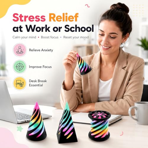 3-Pack 3D Printed Fidget Toys: Impossible Cone, Spiral Cone & Pyramid Passthrough for Stress Relief