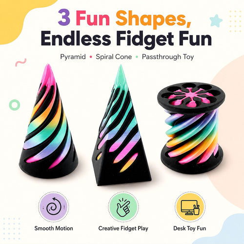 3-Pack 3D Printed Fidget Toys: Impossible Cone, Spiral Cone & Pyramid Passthrough for Stress Relief