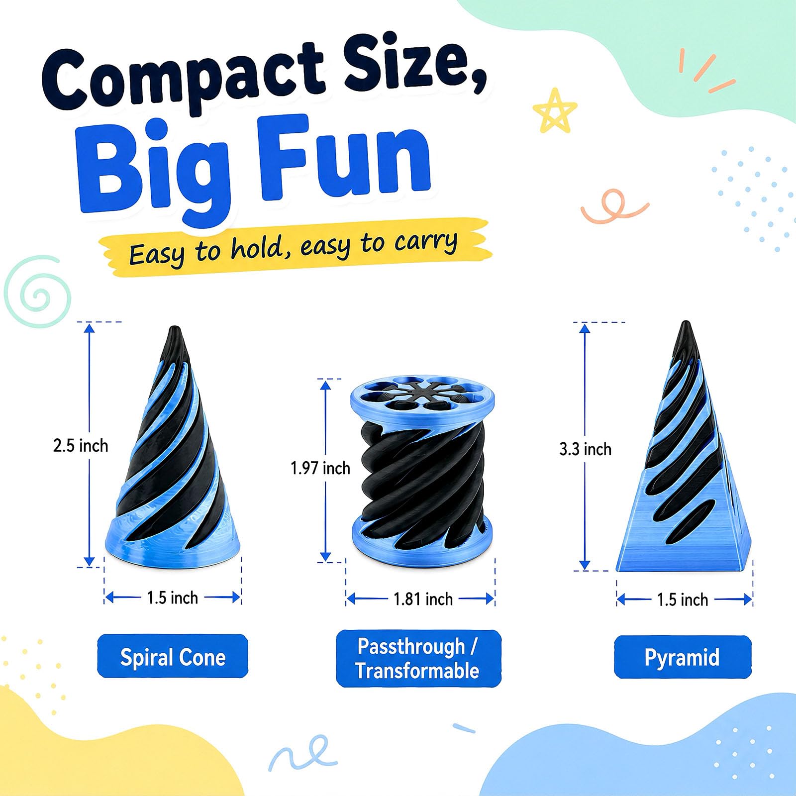 3-Pack 3D Printed Fidget Toys: Impossible Cone, Spiral Cone & Pyramid Passthrough for Stress Relief