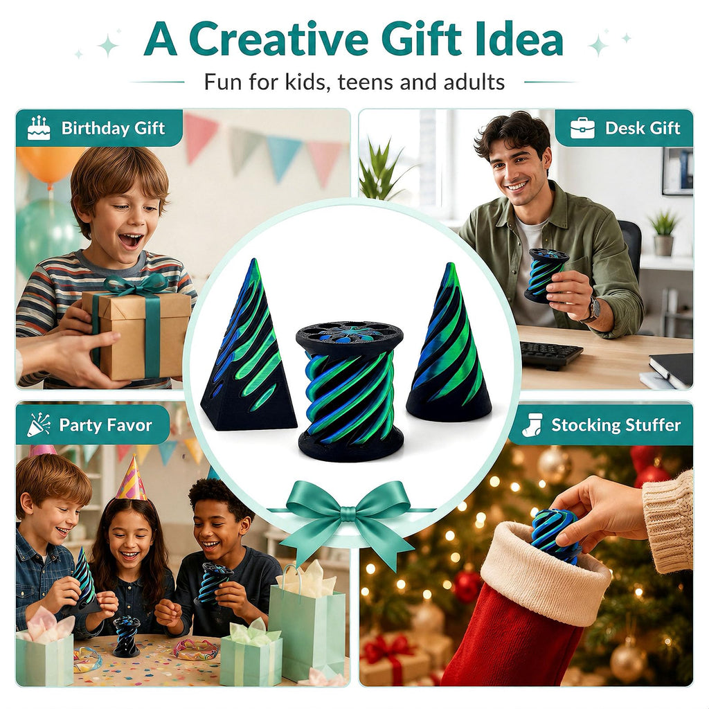 3-Pack 3D Printed Fidget Toys – Impossible Cone, Spiral Cone & Pyramid Passthrough for Stress Relief