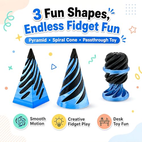 3-Pack 3D Printed Fidget Toys: Impossible Cone, Spiral Cone, Pyramid Passthrough & Mini Vortex Illusion for Stress Relief