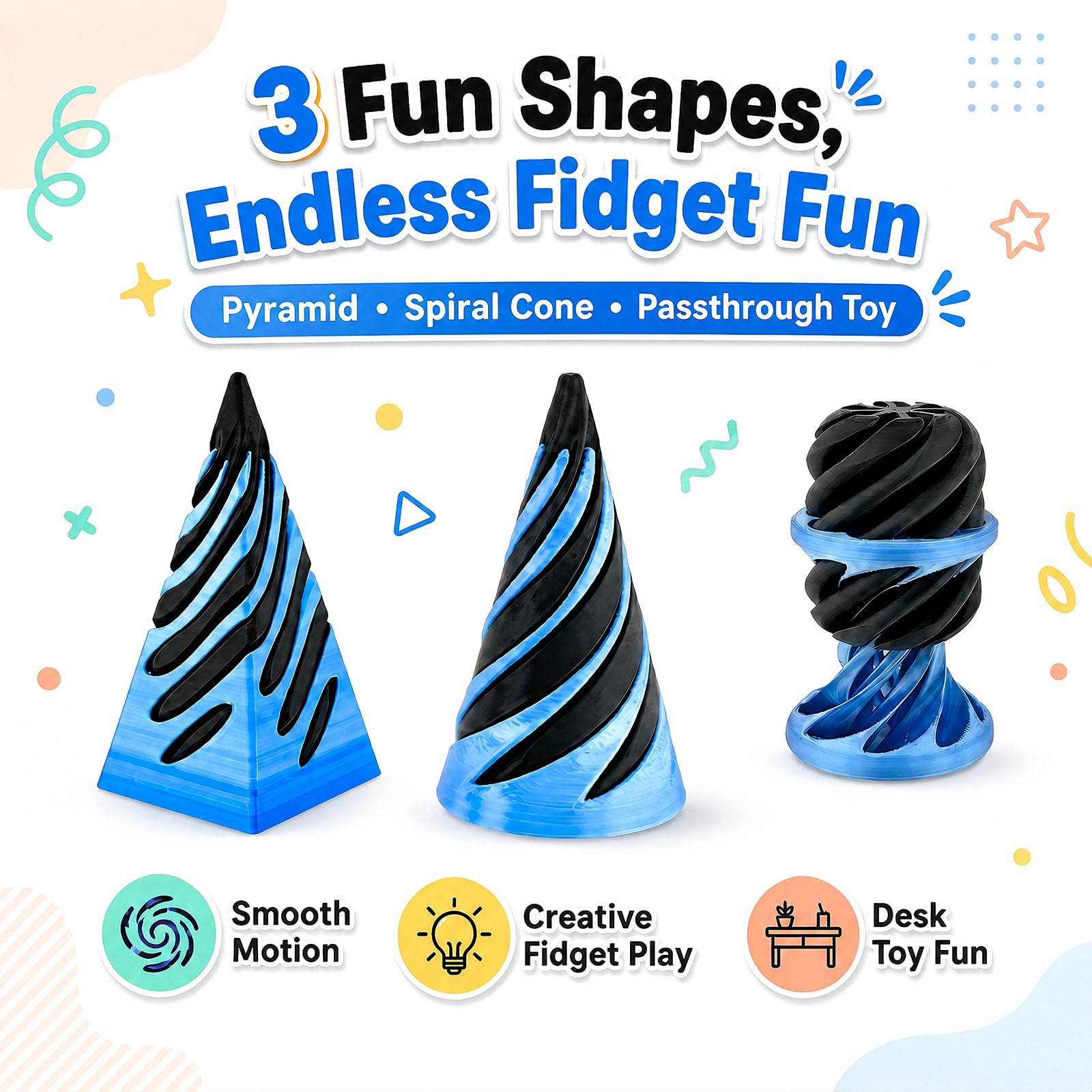 3-Pack 3D Printed Fidget Toys: Impossible Cone, Spiral Cone, Pyramid Passthrough & Mini Vortex Illusion for Stress Relief