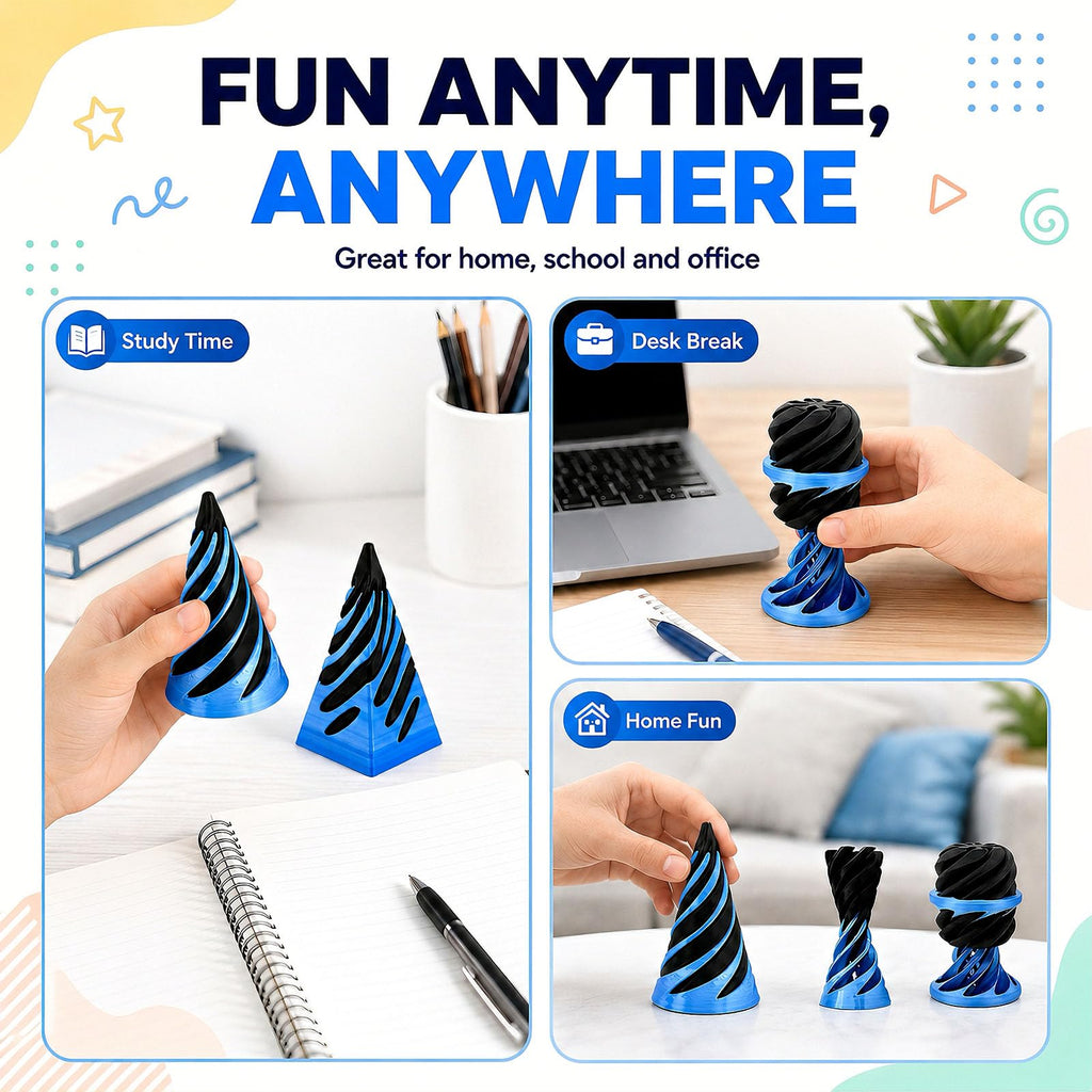 3-Pack 3D Printed Fidget Toys: Impossible Cone, Spiral Cone, Pyramid Passthrough & Mini Vortex Illusion for Stress Relief