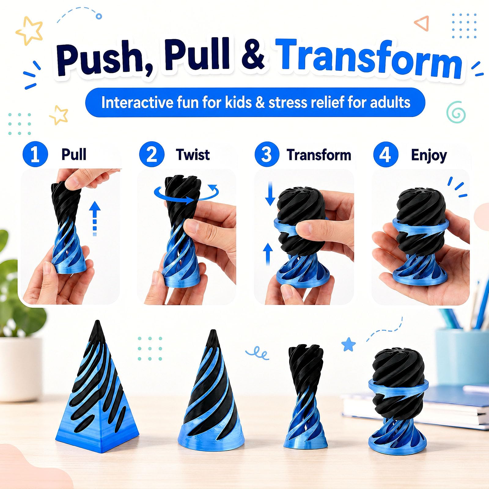 3-Pack 3D Printed Fidget Toys: Impossible Cone, Spiral Cone, Pyramid Passthrough & Mini Vortex Illusion for Stress Relief