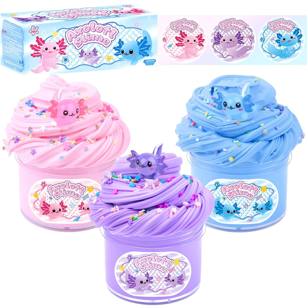 3-Pack Axolotl Butter Slime Kit – Soft Non-Sticky Pink Blue Purple Slime with Charms, Party Favors for Kids
