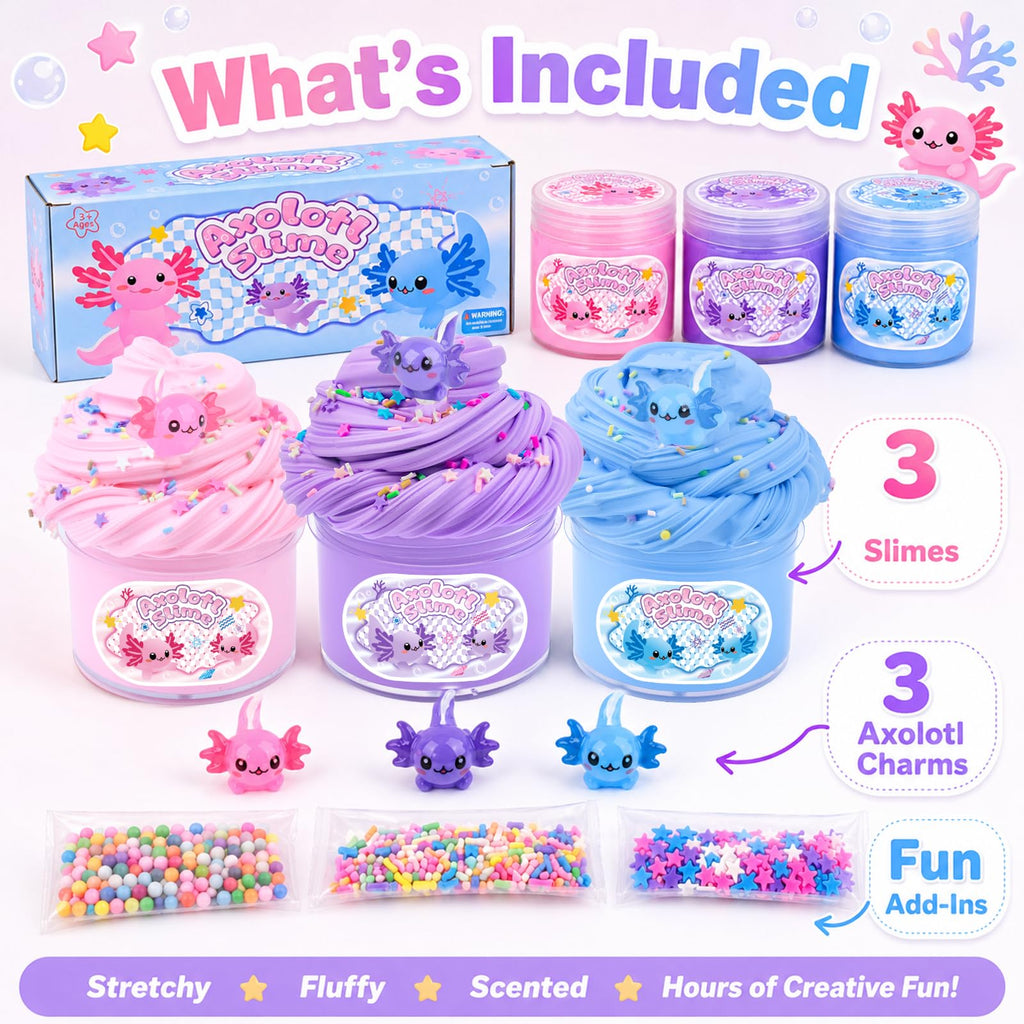 3-Pack Axolotl Butter Slime Kit – Soft Non-Sticky Pink Blue Purple Slime with Charms, Party Favors for Kids