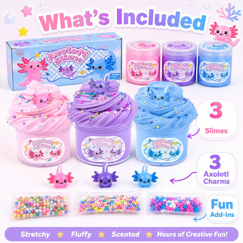 3-Pack Axolotl Butter Slime Kit – Soft Non-Sticky Pink Blue Purple Slime with Charms, Party Favors for Kids