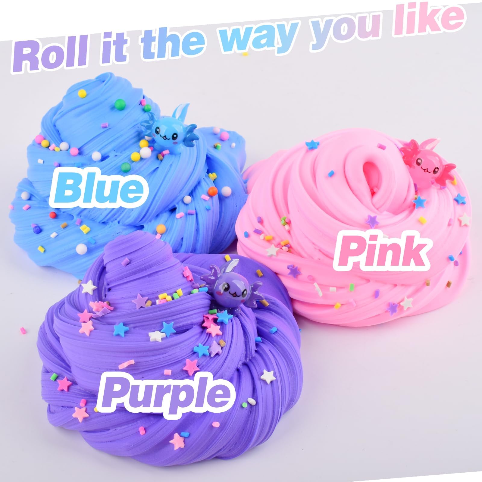 3-Pack Axolotl Butter Slime Kit – Soft Non-Sticky Pink Blue Purple Slime with Charms, Party Favors for Kids