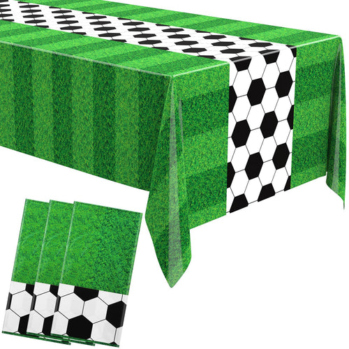 3-Pack Buryeah Soccer Party Tablecloths - Disposable Plastic Table Covers, 54 x 108 Inches, Green Grass Pattern for Tailgate and Sports Themes