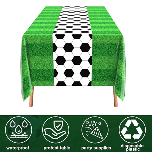 3-Pack Buryeah Soccer Party Tablecloths - Disposable Plastic Table Covers, 54 x 108 Inches, Green Grass Pattern for Tailgate and Sports Themes