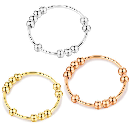 3-Pack Fidget Rings for Women – Adjustable Anxiety Rings with Spinning Beads in Silver, Gold, Rose Gold – Stainless Steel