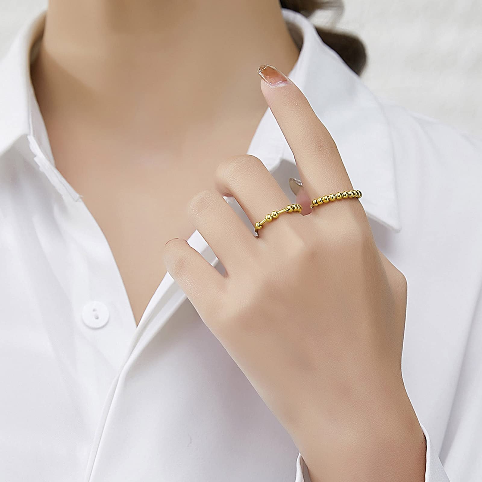 3-Pack Fidget Rings for Women – Adjustable Anxiety Rings with Spinning Beads in Silver, Gold, Rose Gold – Stainless Steel