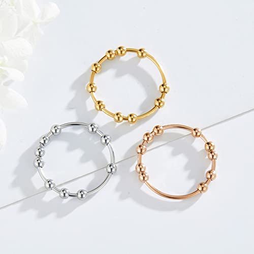 3-Pack Fidget Rings for Women – Adjustable Anxiety Rings with Spinning Beads in Silver, Gold, Rose Gold – Stainless Steel