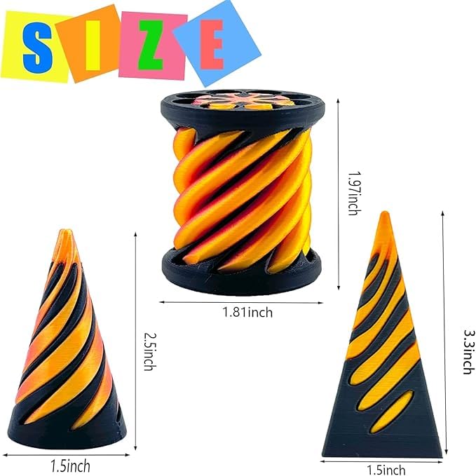3-Pack Impossible Cone Fidget Toys (Cone, Pyramid, Spiral) – 3D Printed PLA, Stress Relief Gift