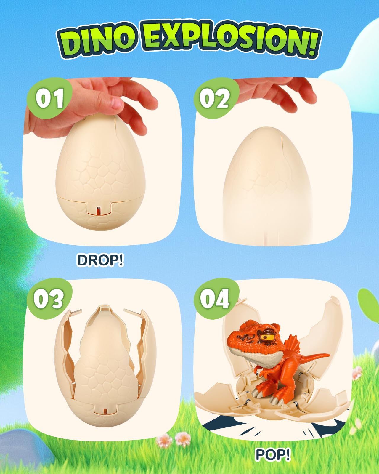3 Pack Jumbo Dinosaur Eggs – Drop to Hatch Pop-Open Toys for Boys 3-10, Easter Basket Stuffer