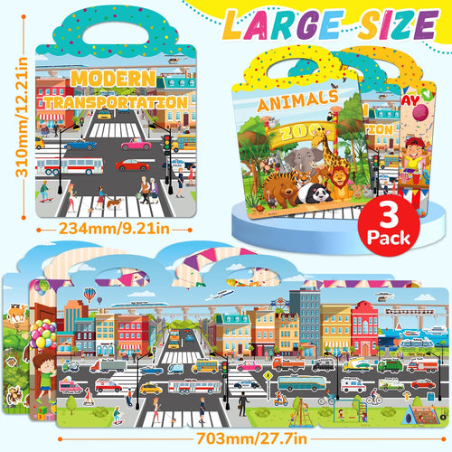 3-Pack Reusable Silicone Sticker Books for Toddlers 3-6 – Animal, Car & Party Themes – 130+ Stickers – Travel Activity Toy