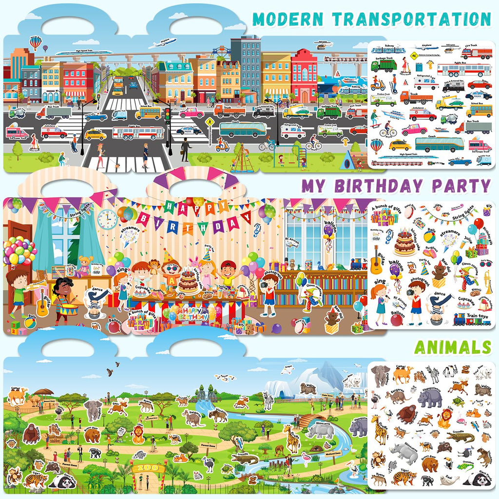 3-Pack Reusable Silicone Sticker Books for Toddlers 3-6 – Animal, Car & Party Themes – 130+ Stickers – Travel Activity Toy