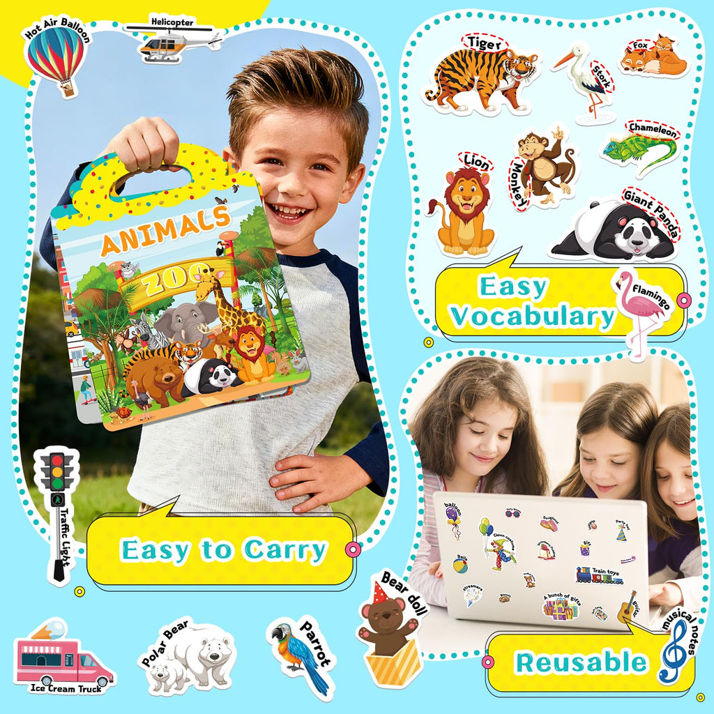 3-Pack Reusable Silicone Sticker Books for Toddlers 3-6 – Animal, Car & Party Themes – 130+ Stickers – Travel Activity Toy