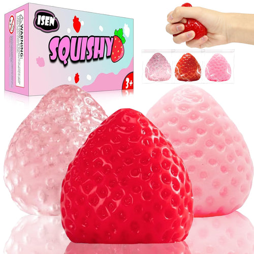 3-Pack Strawberry Squishy Stress Relief Toys by ISEN - Cute Fidget Toy for Kids Ages 4-12, Party Favors