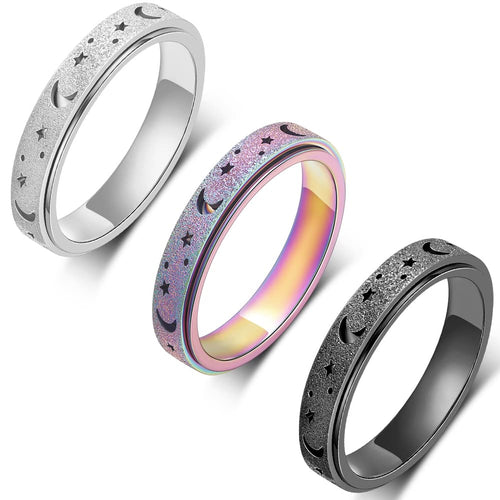 3-Pack Titanium Stainless Steel Fidget Rings for Women – Anxiety Spinner Rings (Size 7, Black/Silver/Rainbow)