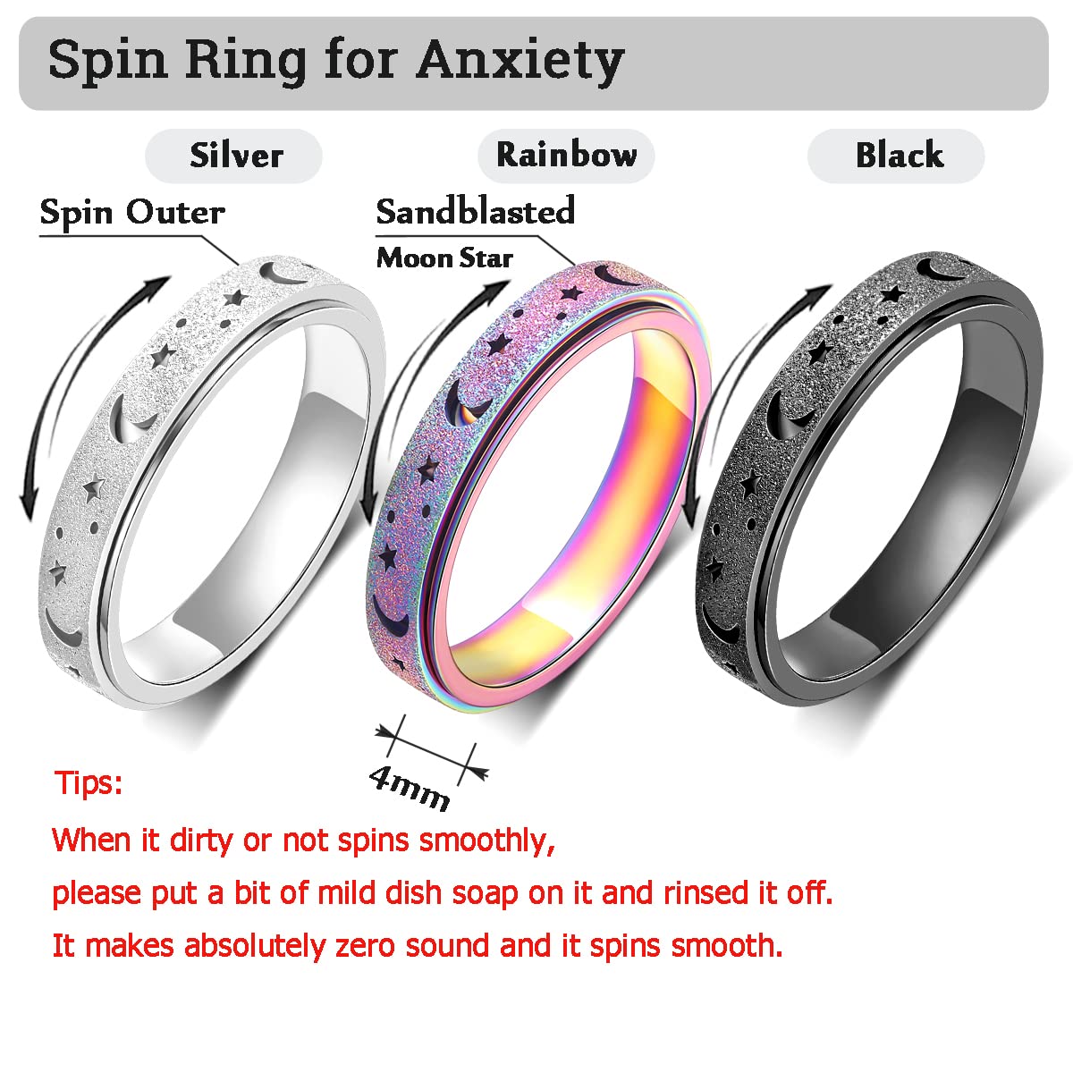 3-Pack Titanium Stainless Steel Fidget Rings for Women – Anxiety Spinner Rings (Size 7, Black/Silver/Rainbow)