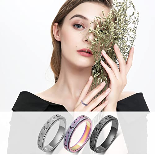 3-Pack Titanium Stainless Steel Fidget Rings for Women – Anxiety Spinner Rings (Size 7, Black/Silver/Rainbow)